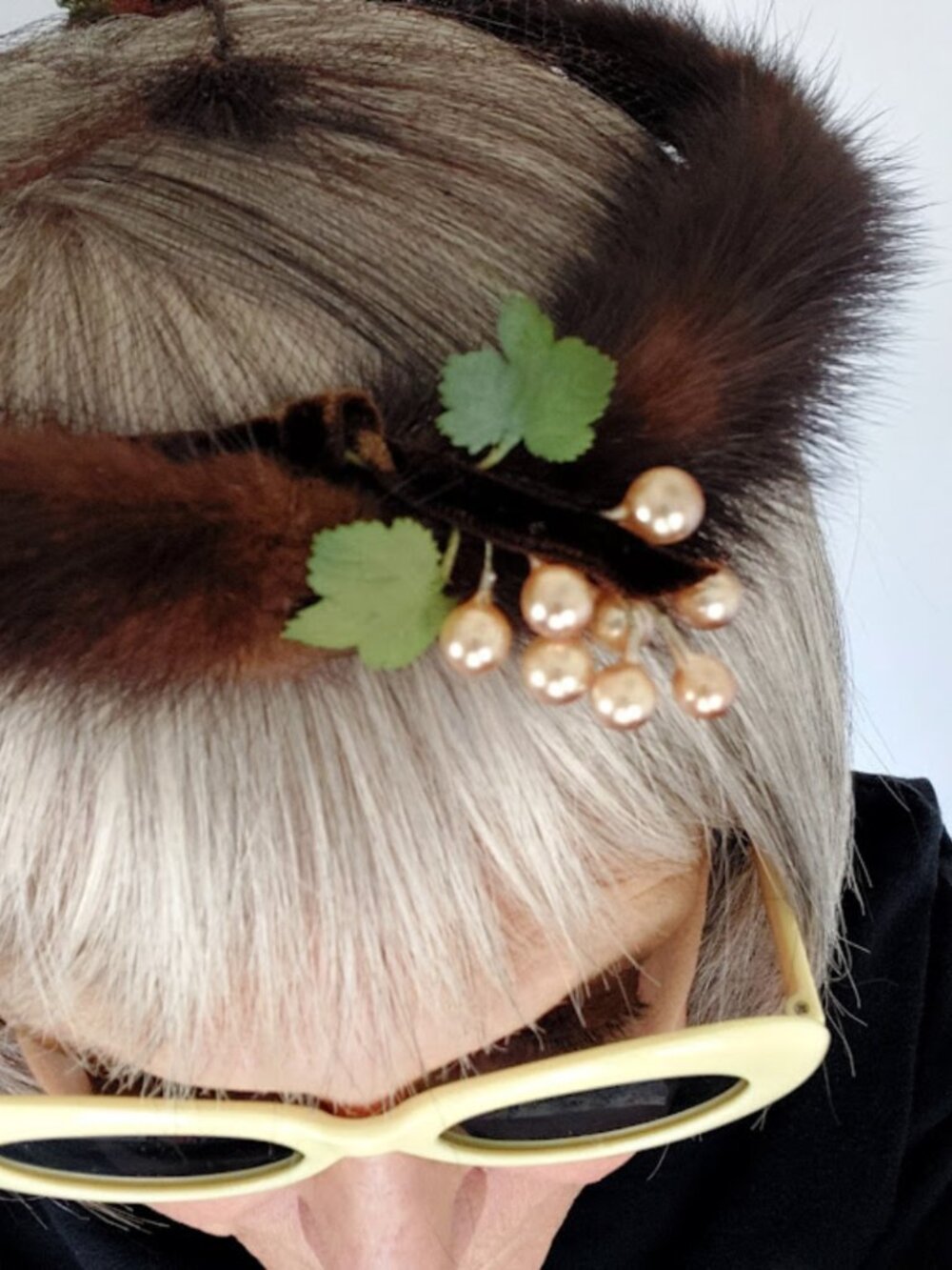 1950s Vintage Mink Fur Trim Halo Hat with Veil Mesh & Pearl Accents